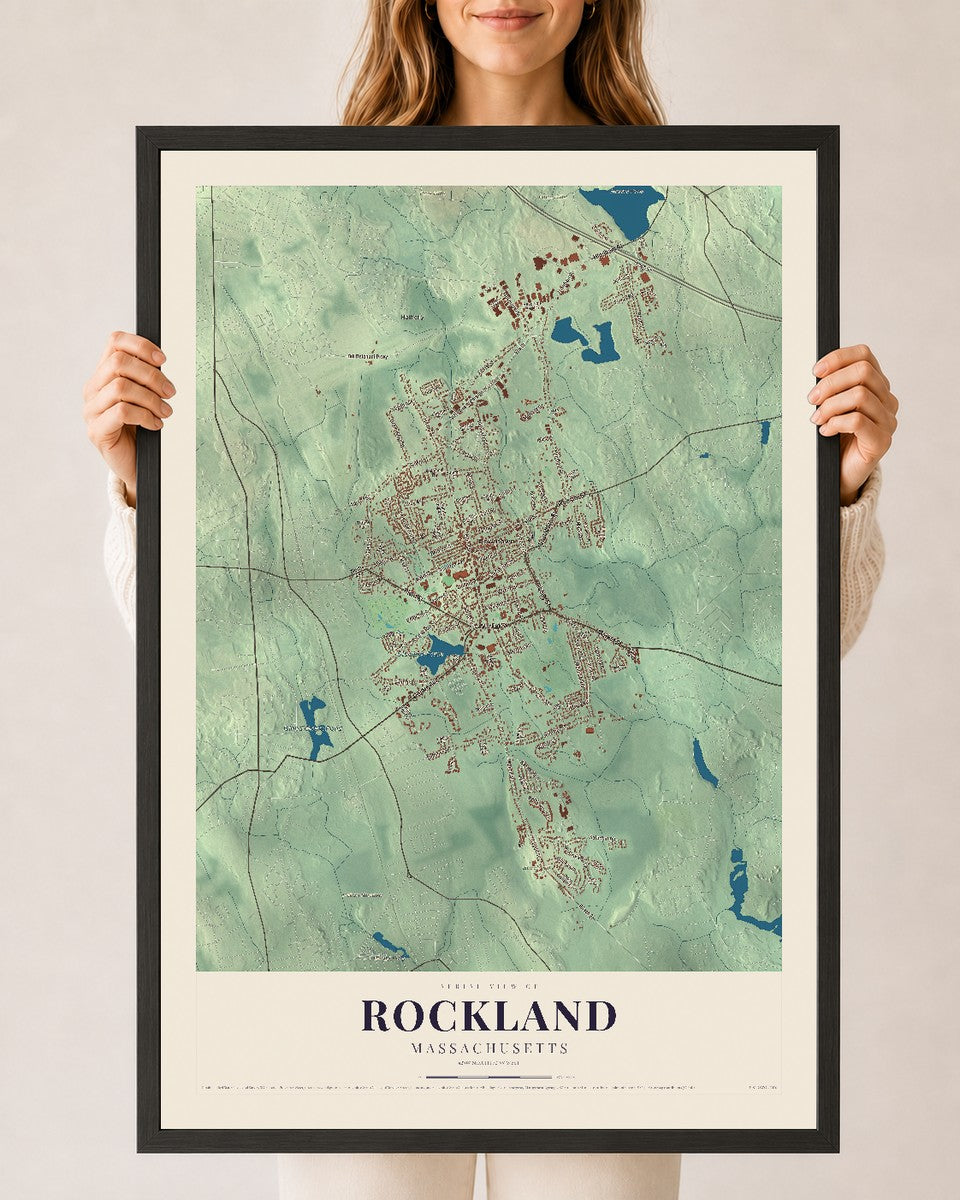 Rockland, Massachusetts map print - 24 x 36 black Ayous wood frame
