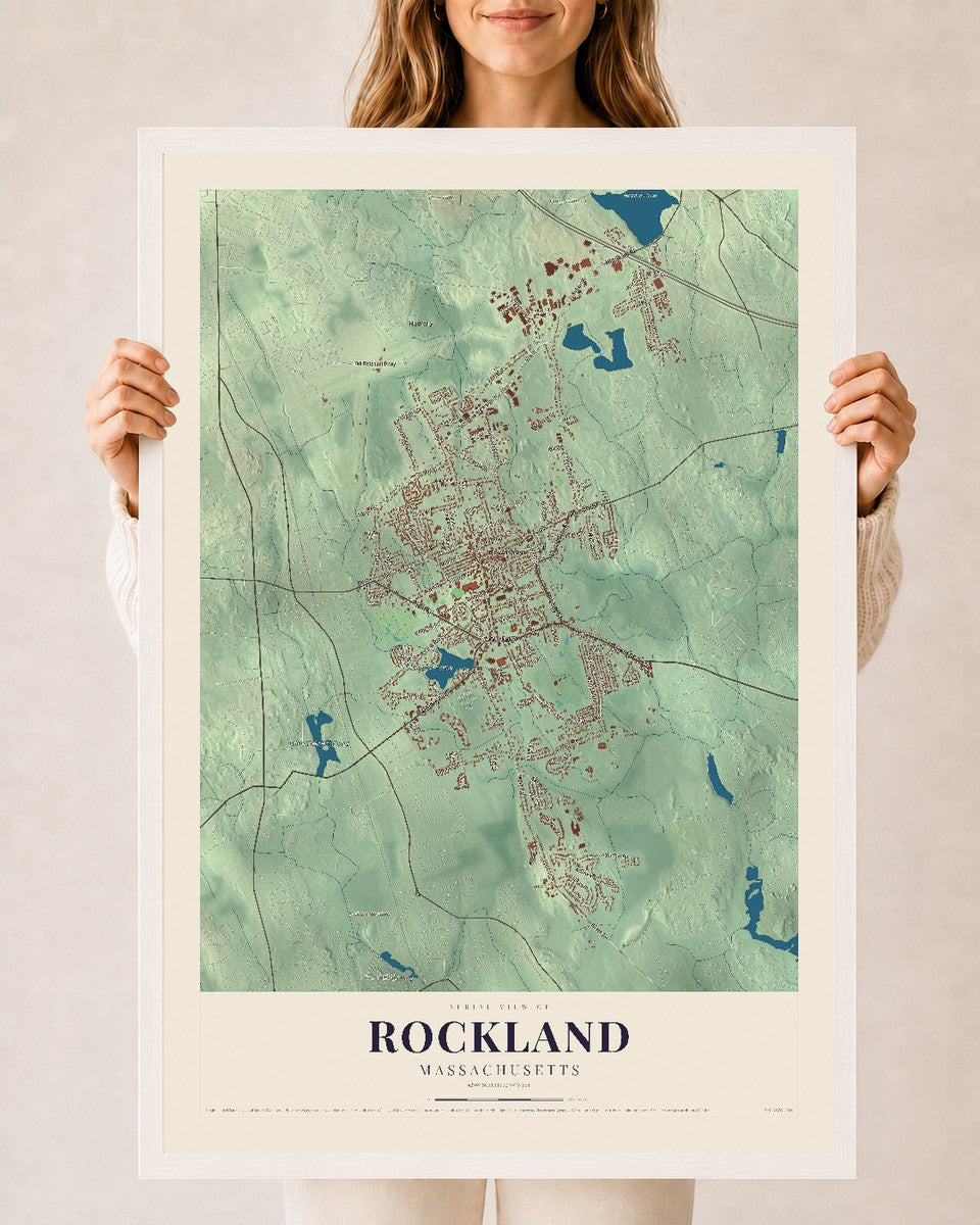 Rockland, Massachusetts map print - 24 x 36 white Ayous wood frame