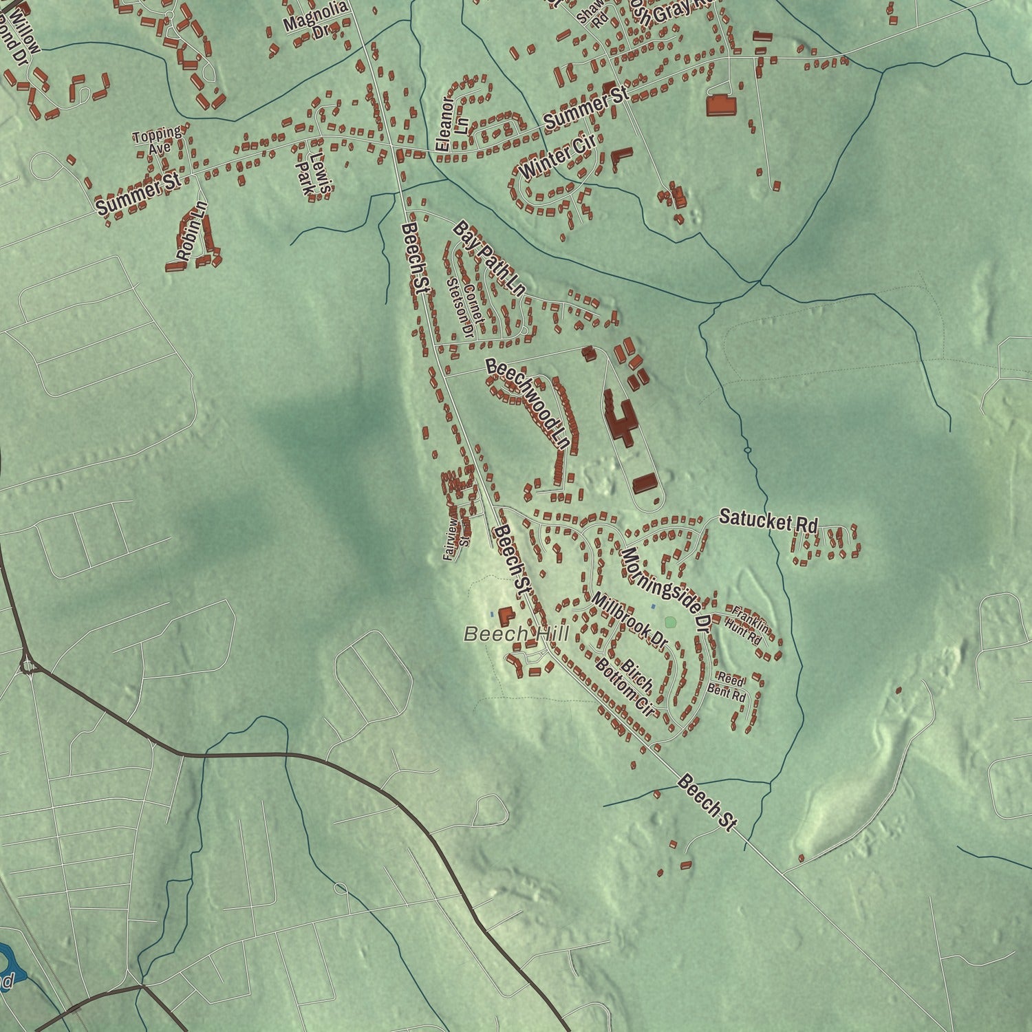 Terrain and local geography detail from the Rockland, Massachusetts map