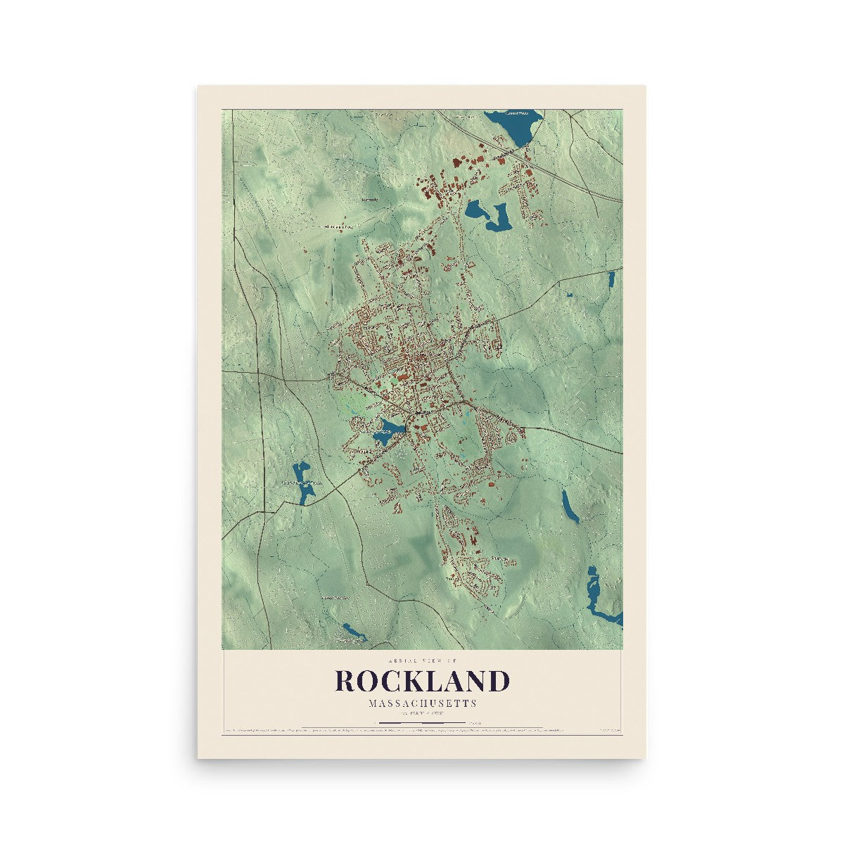 Map of Rockland, Massachusetts, 12 x 18 inch unframed archival matte print