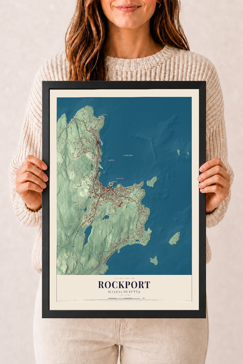 Rockport, Massachusetts map print - 12 x 18 black Ayous wood frame