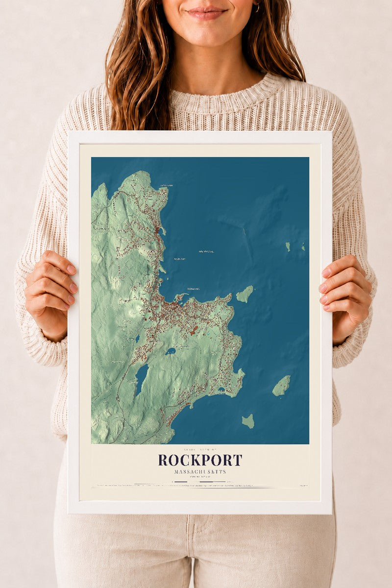 Rockport, Massachusetts map print - 12 x 18 white Ayous wood frame