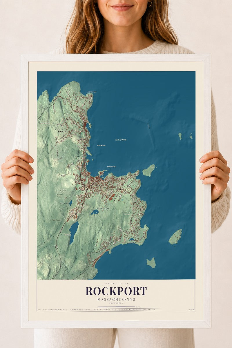 Rockport, Massachusetts map print - 18 x 24 white Ayous wood frame