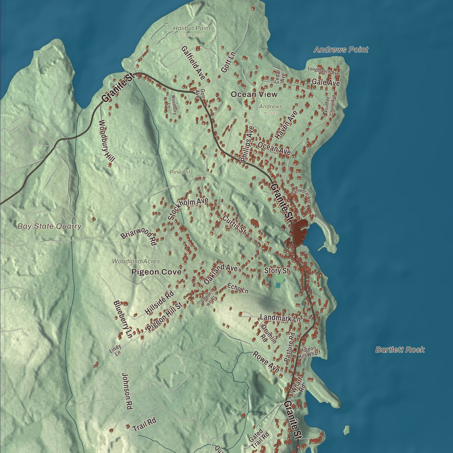 Terrain and local geography detail from the Rockport, Massachusetts map