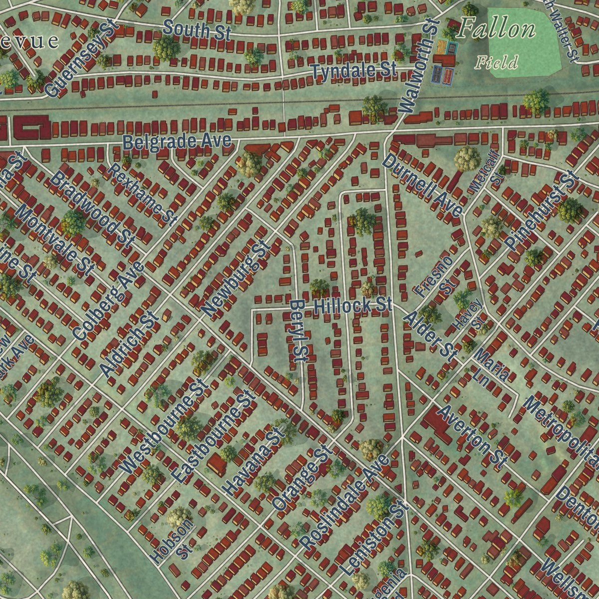 Close-up of the map of Roslindale, Massachusetts print showing street and building detail