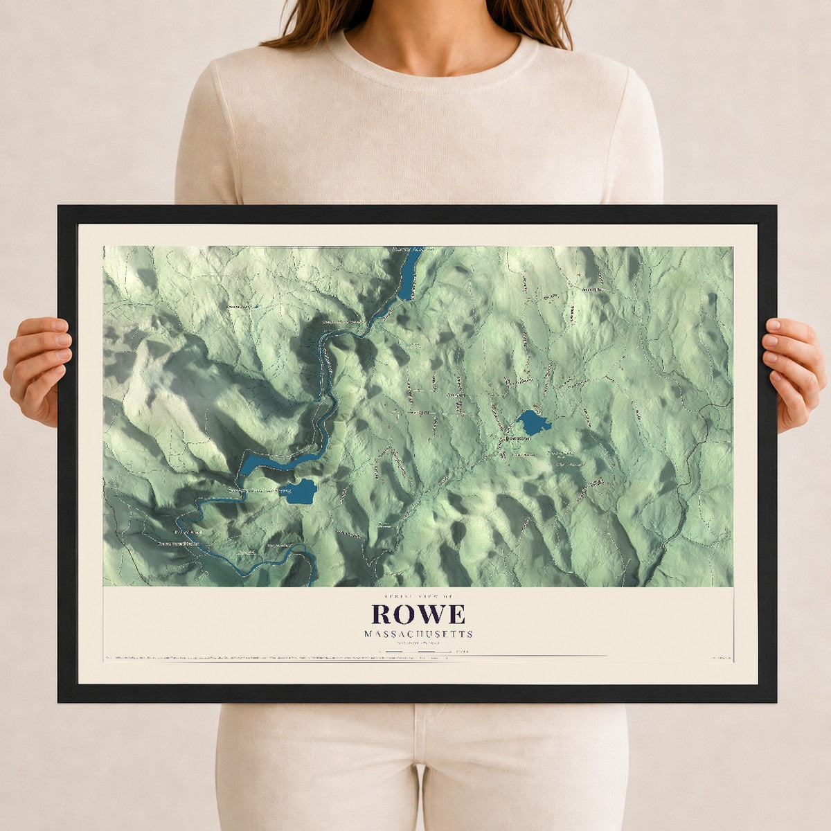 Rowe, Massachusetts map print - 12 x 18 black Ayous wood frame