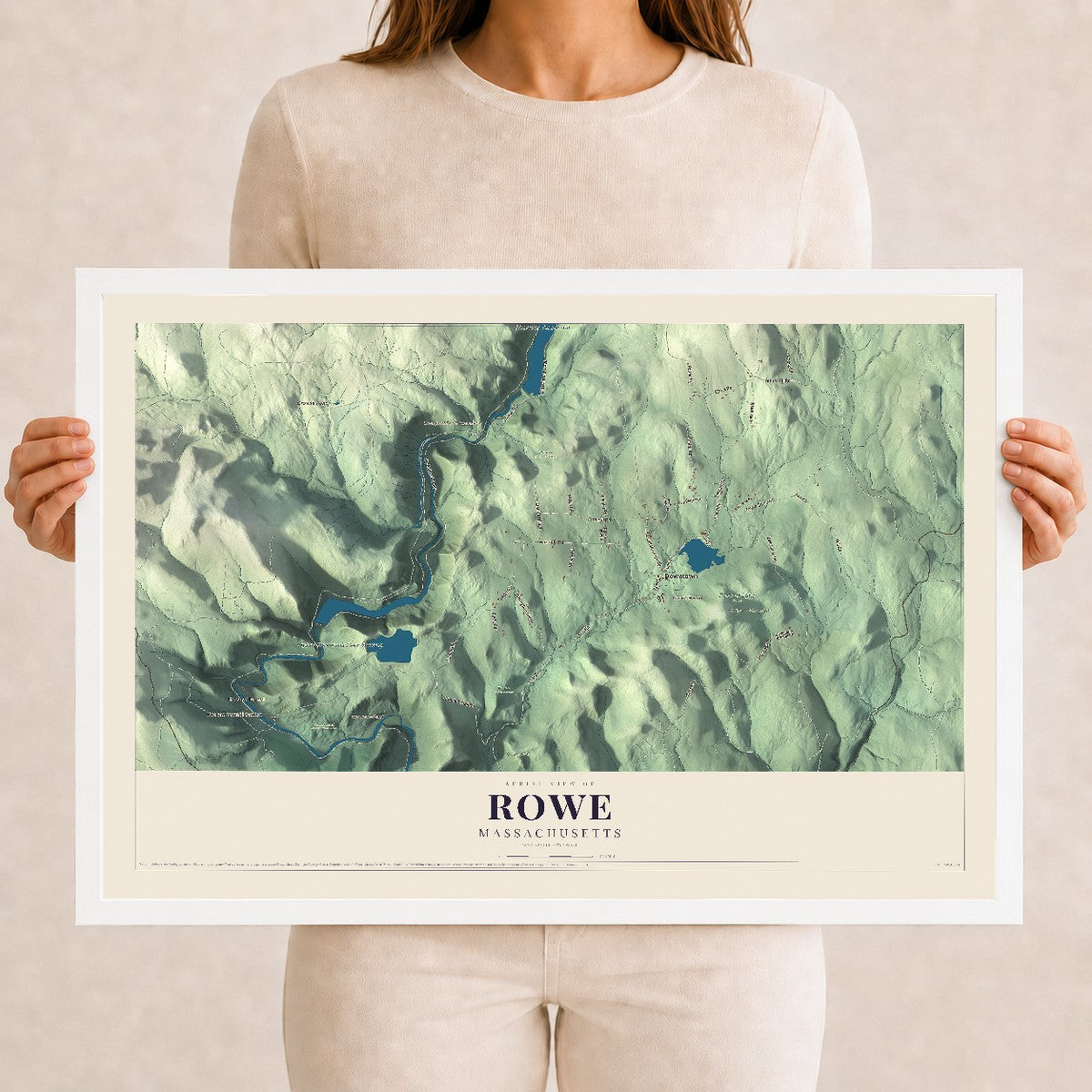 Rowe, Massachusetts map print - 12 x 18 white Ayous wood frame