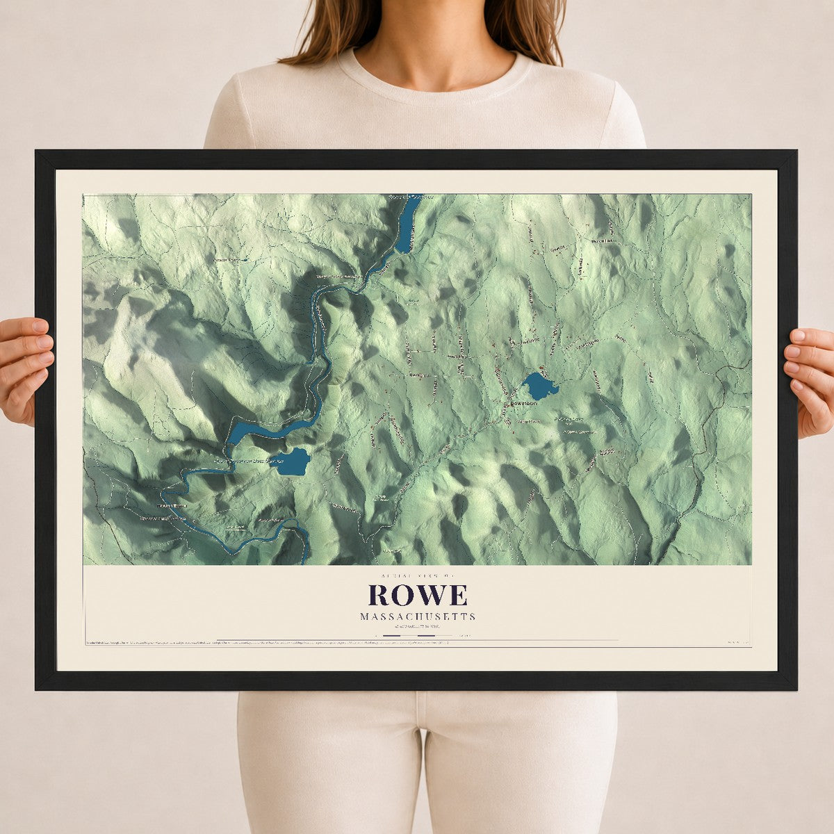 Rowe, Massachusetts map print - 18 x 24 black Ayous wood frame