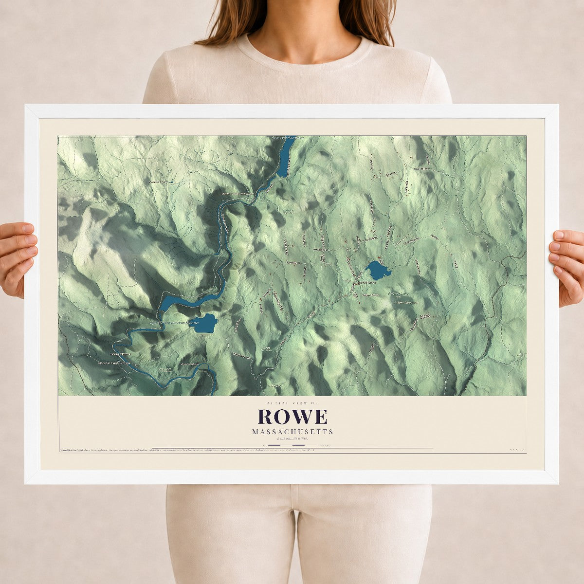 Rowe, Massachusetts map print - 18 x 24 white Ayous wood frame