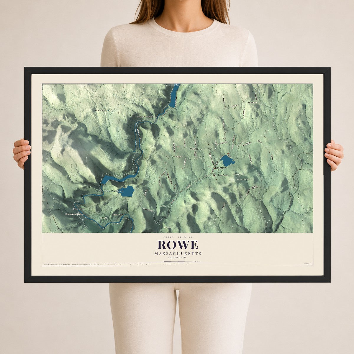 Rowe, Massachusetts map print - 24 x 36 black Ayous wood frame