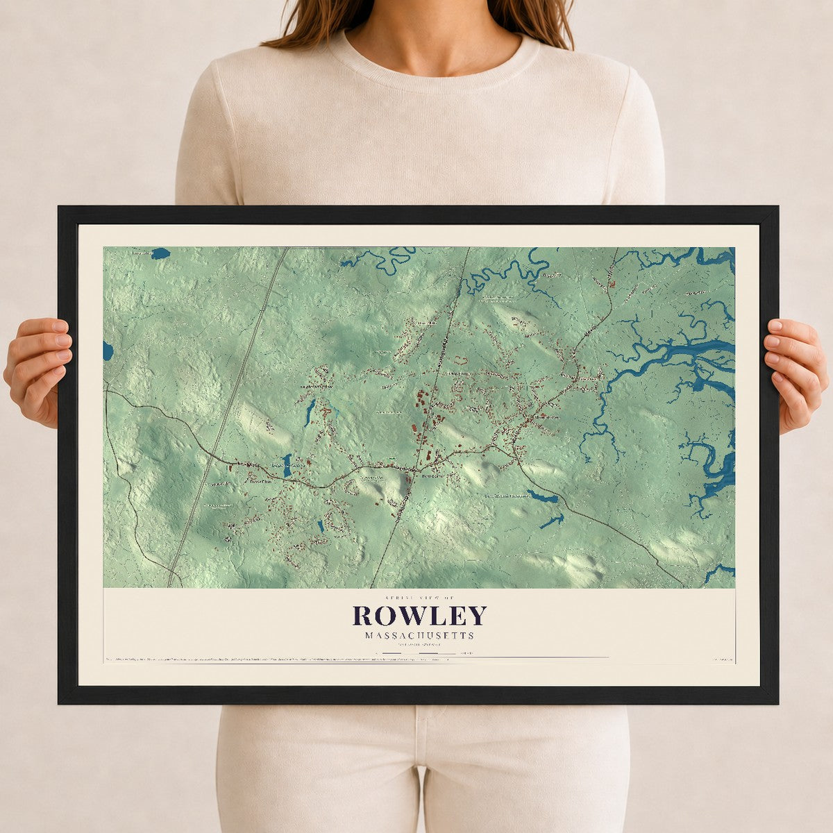 Rowley, Massachusetts map print - 12 x 18 black Ayous wood frame