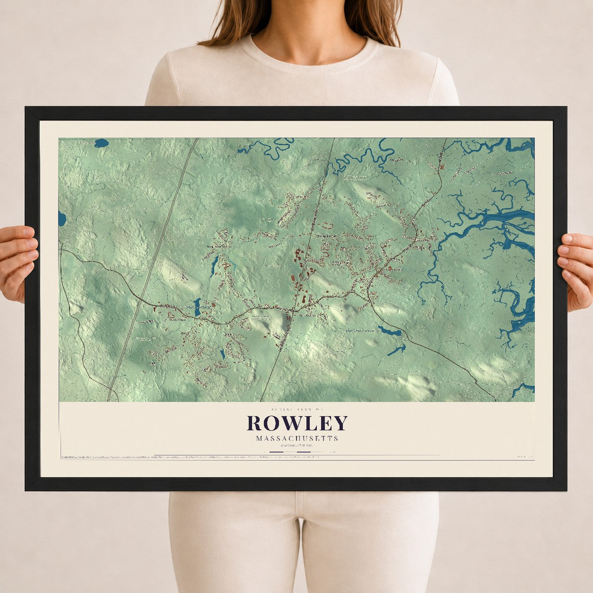 Rowley, Massachusetts map print - 18 x 24 black Ayous wood frame