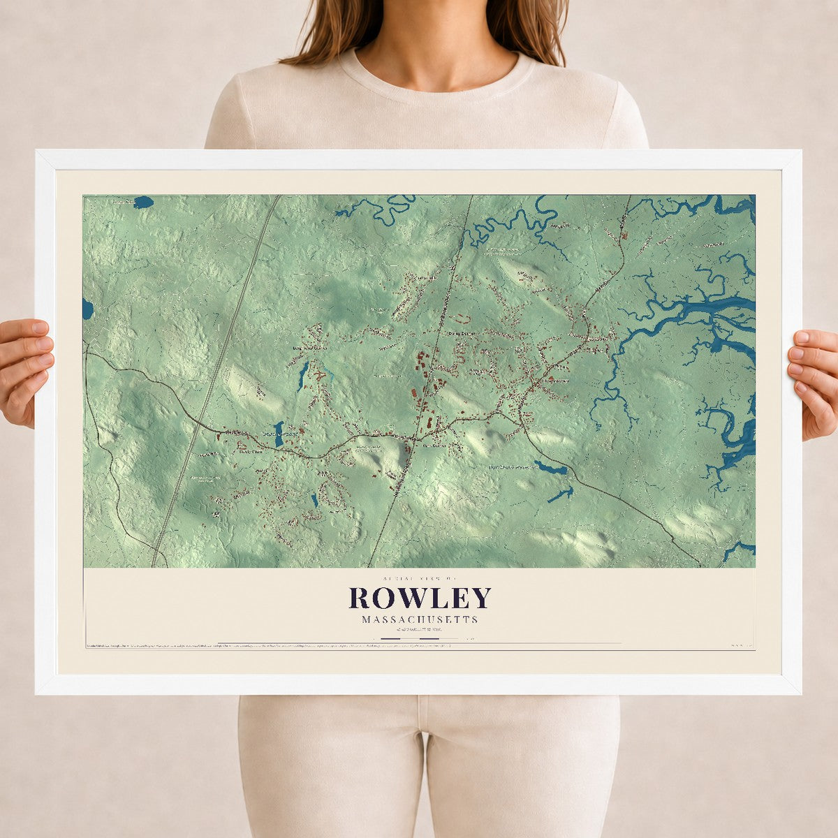 Rowley, Massachusetts map print - 18 x 24 white Ayous wood frame