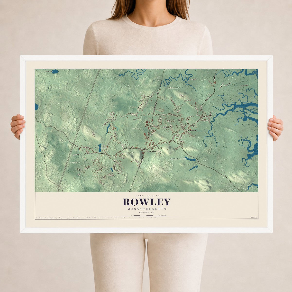 Rowley, Massachusetts map print - 24 x 36 white Ayous wood frame