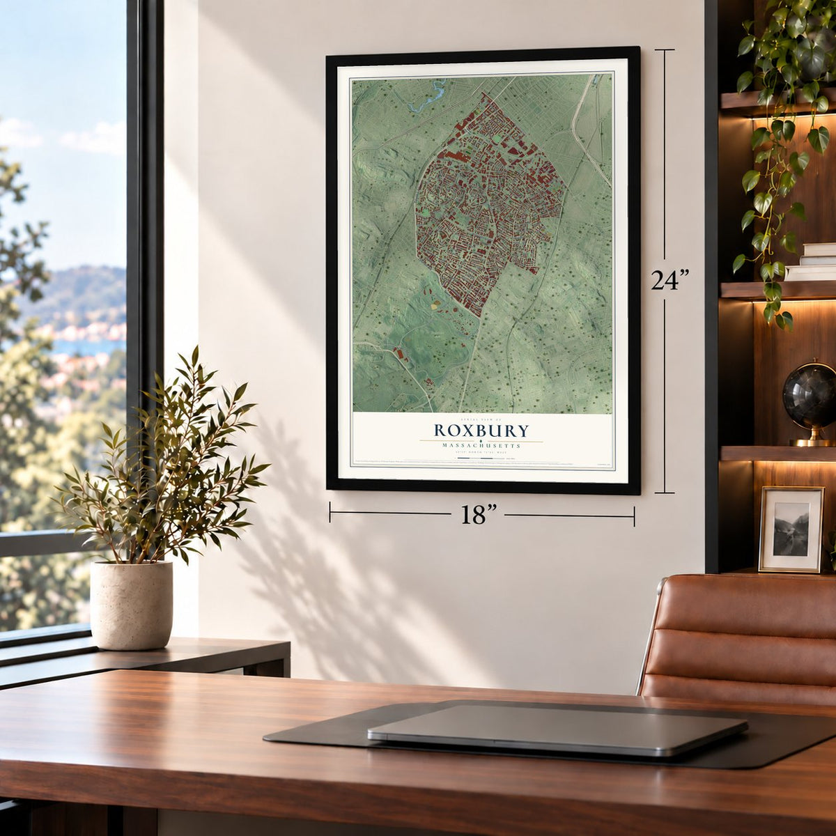Roxbury, Massachusetts map, 18 x 24 inch print in a black frame in a home office