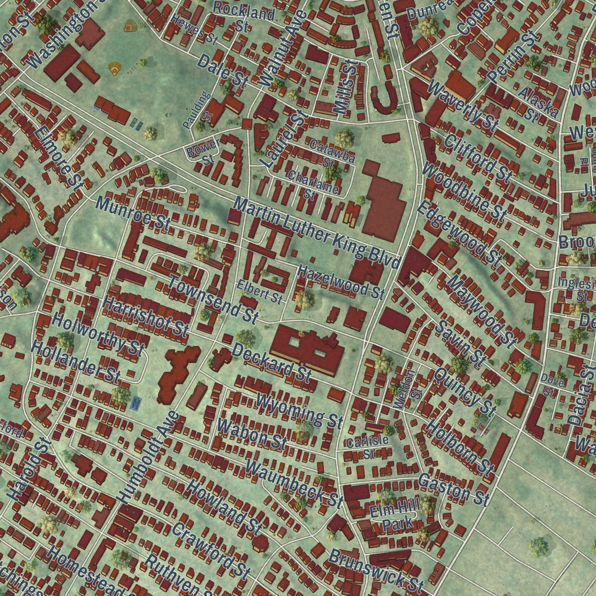 Close-up of the map of Roxbury, Massachusetts print showing street and building detail