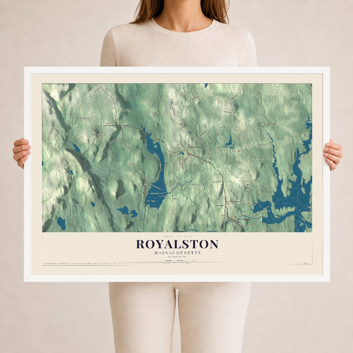 Royalston, Massachusetts map print - 24 x 36 white Ayous wood frame