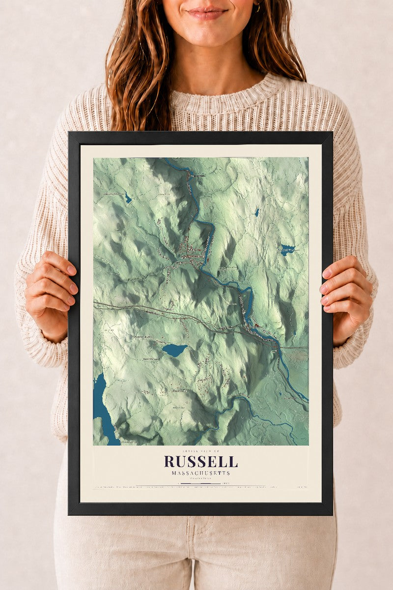Russell, Massachusetts map print - 12 x 18 black Ayous wood frame