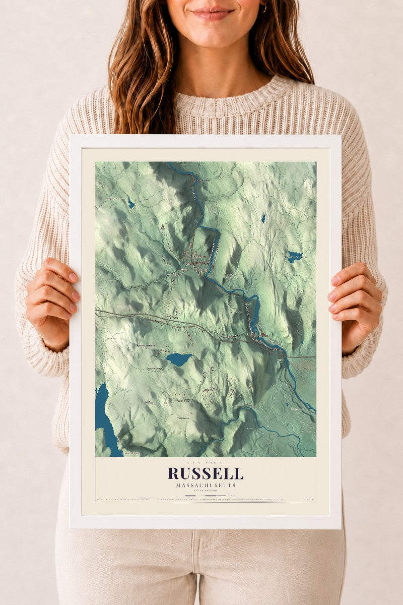 Russell, Massachusetts map print - 12 x 18 white Ayous wood frame