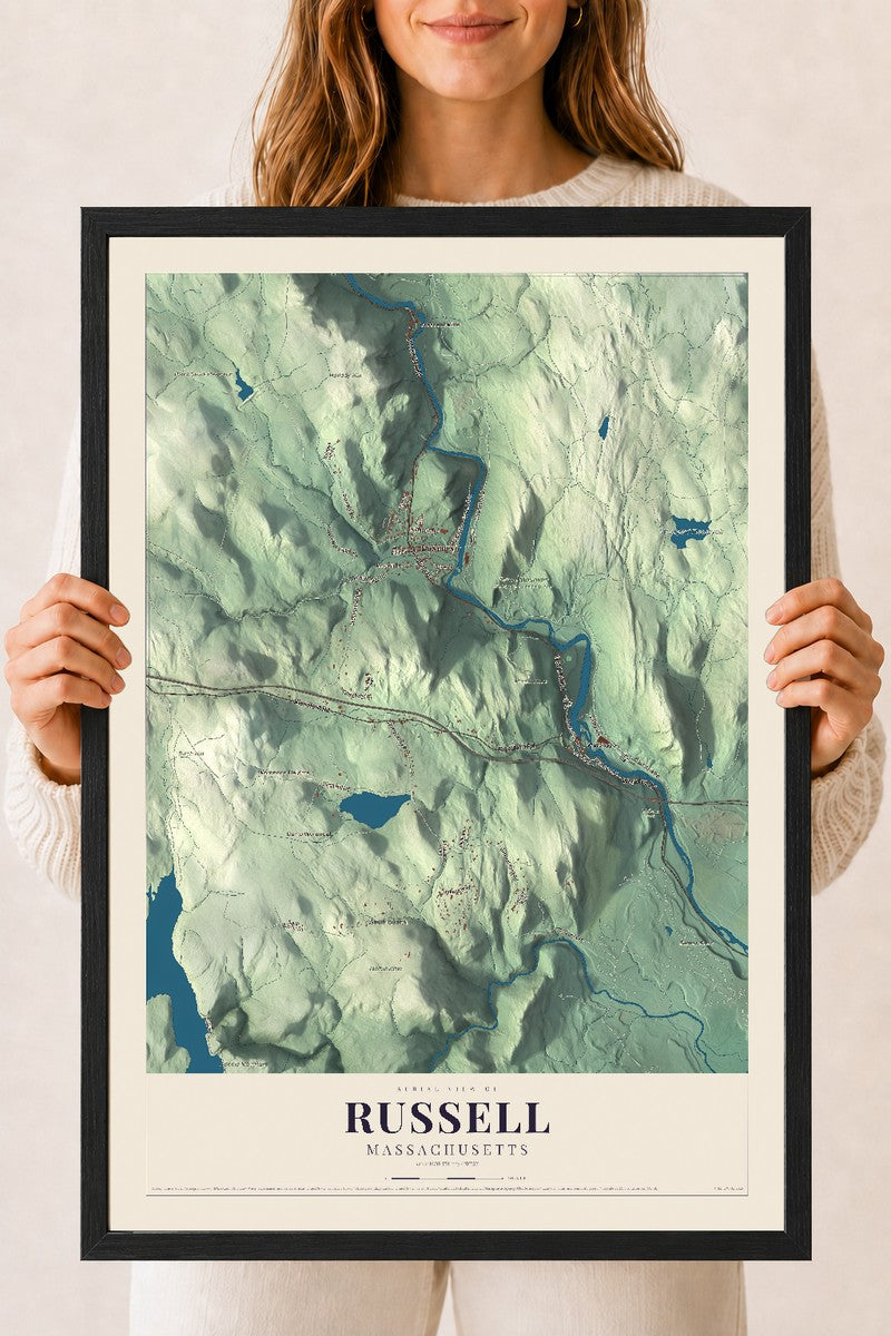 Russell, Massachusetts map print - 18 x 24 black Ayous wood frame