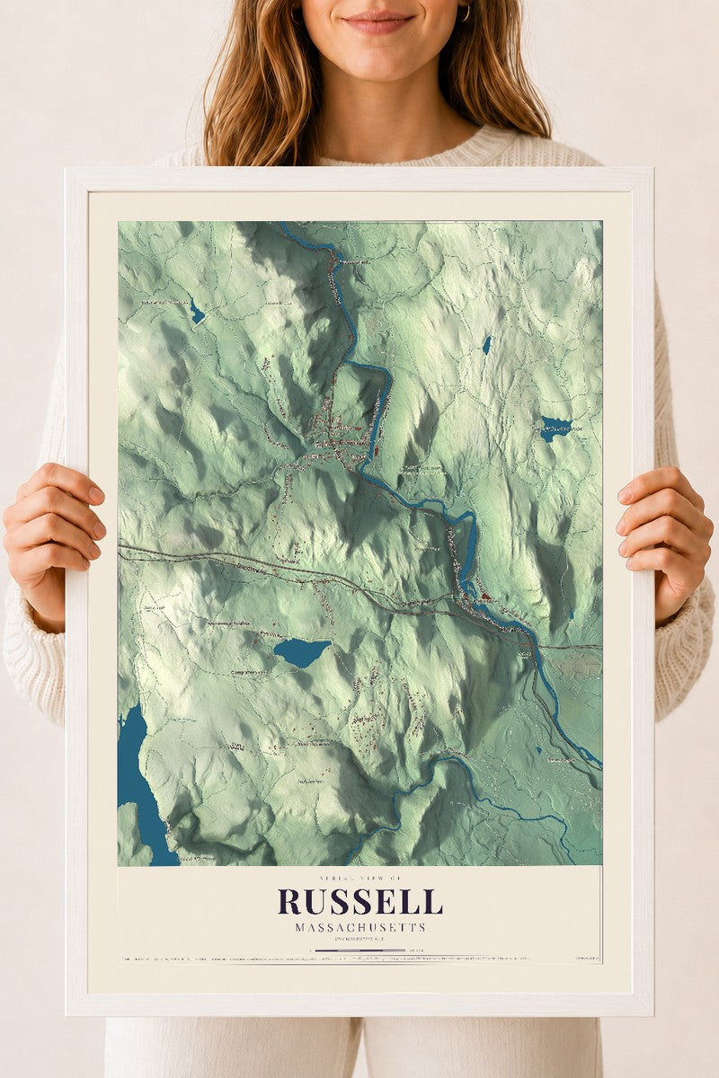 Russell, Massachusetts map print - 18 x 24 white Ayous wood frame