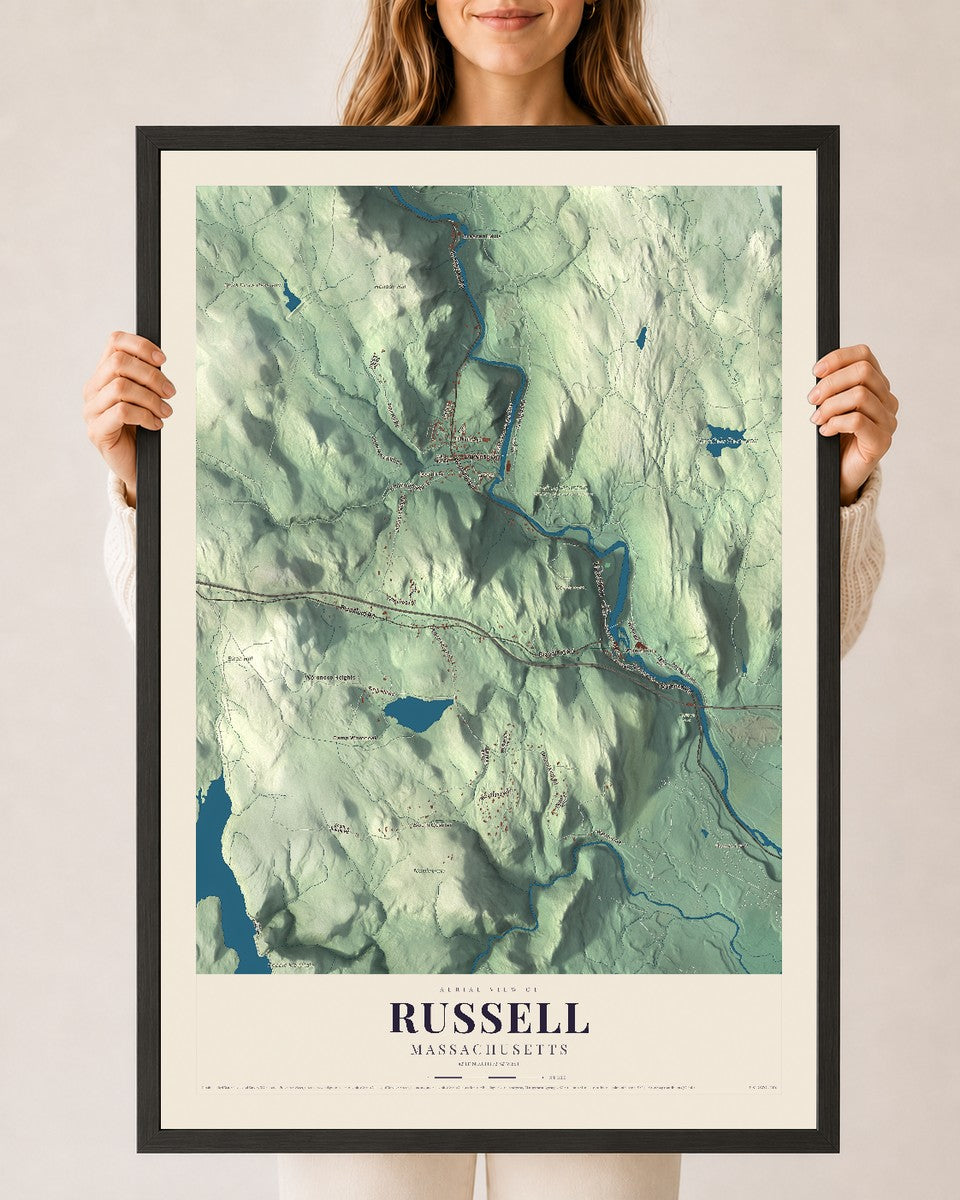 Russell, Massachusetts map print - 24 x 36 black Ayous wood frame