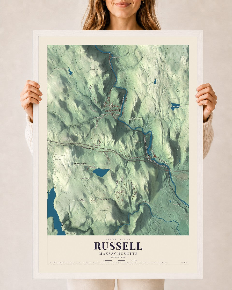Russell, Massachusetts map print - 24 x 36 white Ayous wood frame