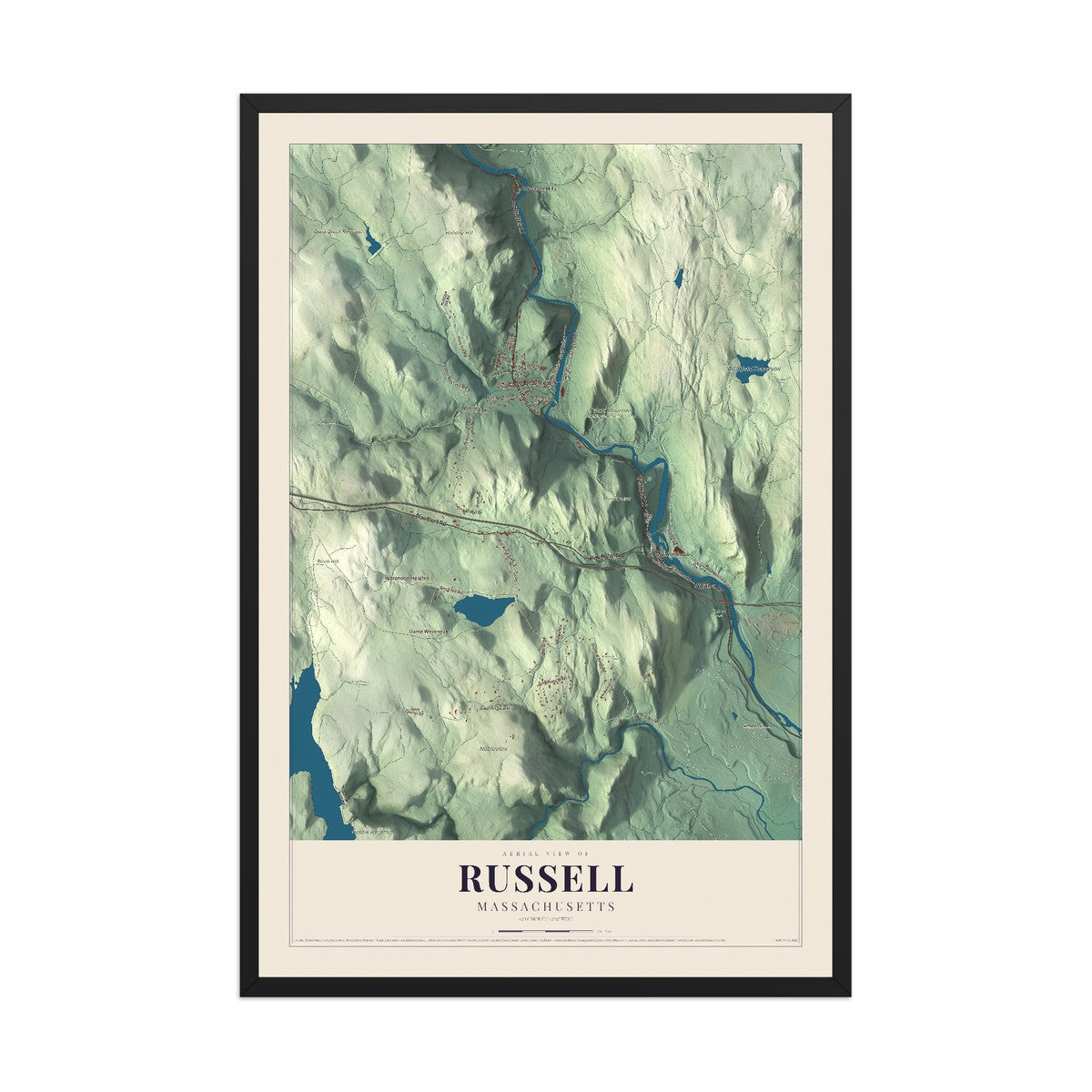 Map of Russell, Massachusetts, 12 x 18 inch print in a black wood frame