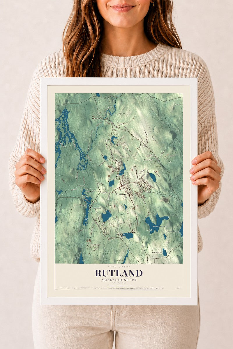 Rutland, Massachusetts map print - 12 x 18 white Ayous wood frame