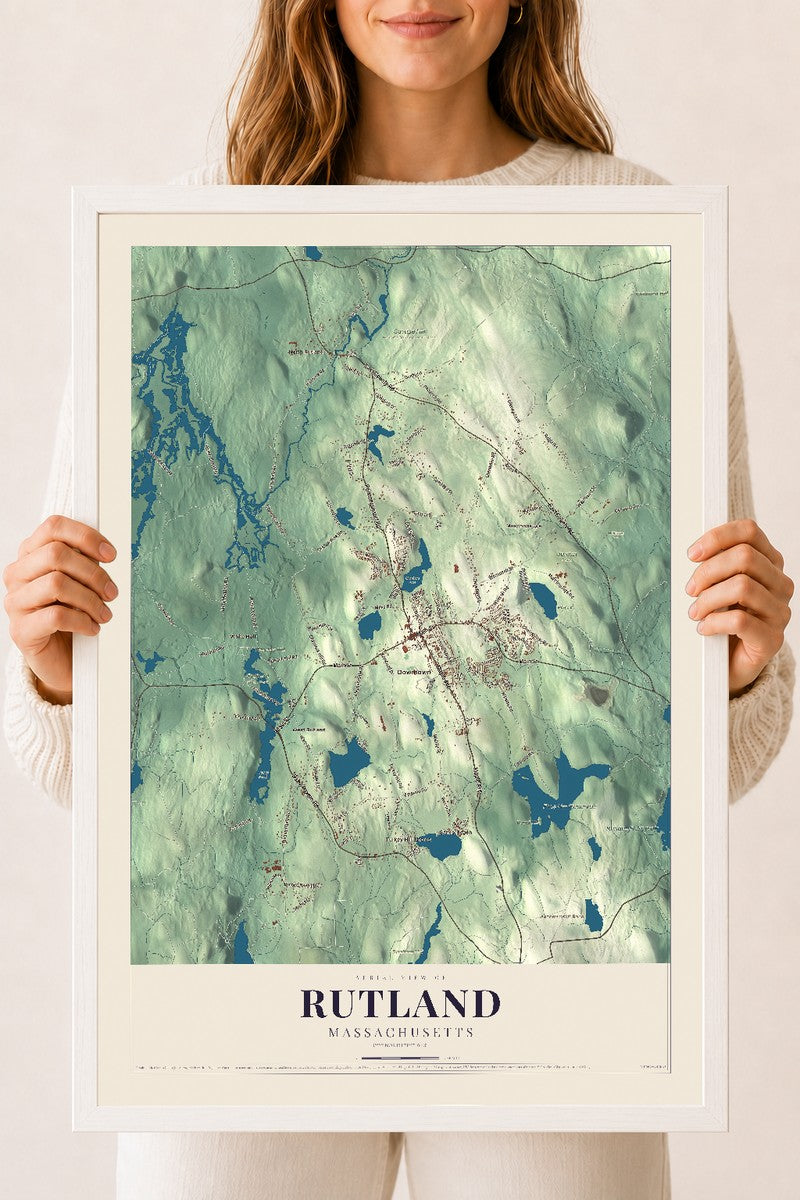 Rutland, Massachusetts map print - 18 x 24 white Ayous wood frame