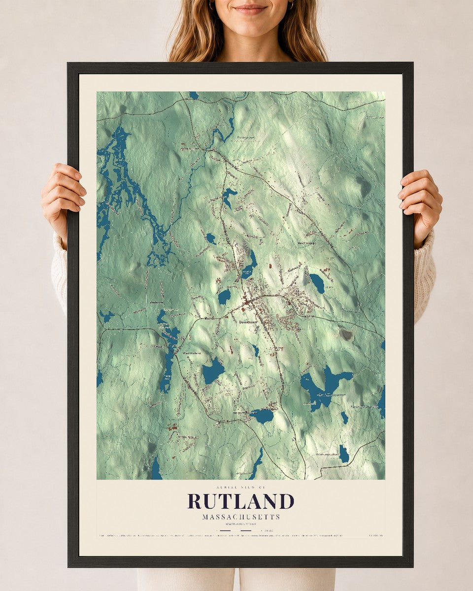 Rutland, Massachusetts map print - 24 x 36 black Ayous wood frame