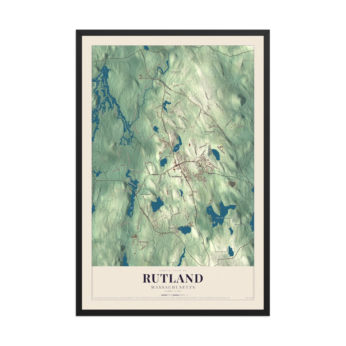 Map of Rutland, Massachusetts, 12 x 18 inch print in a black wood frame