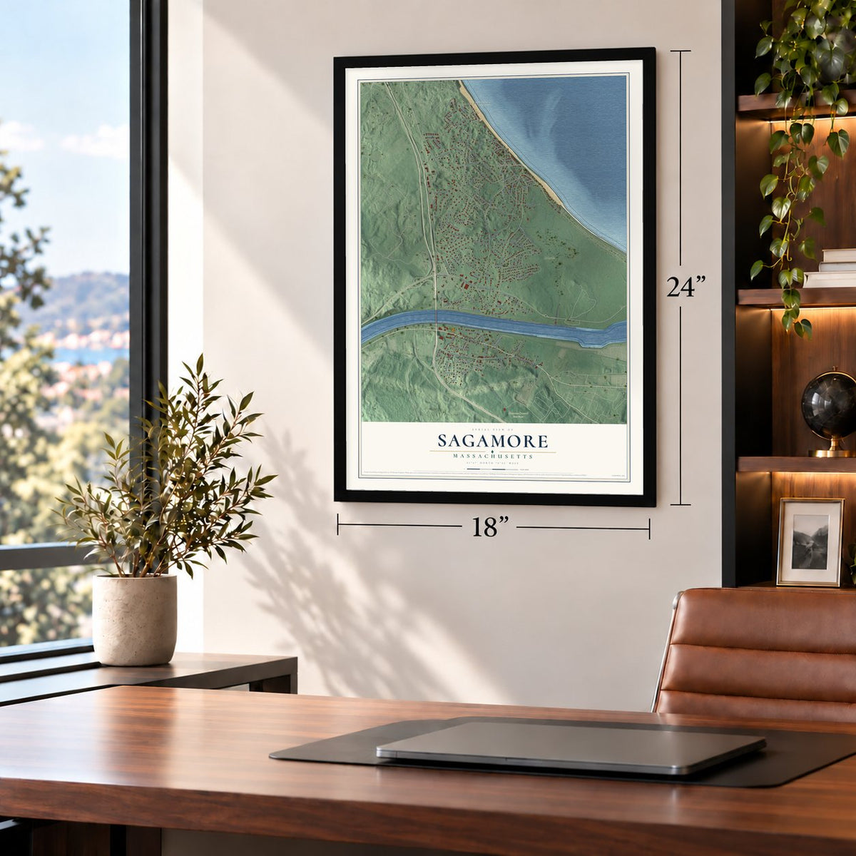 Sagamore, Massachusetts map, 18 x 24 inch print in a black frame in a home office