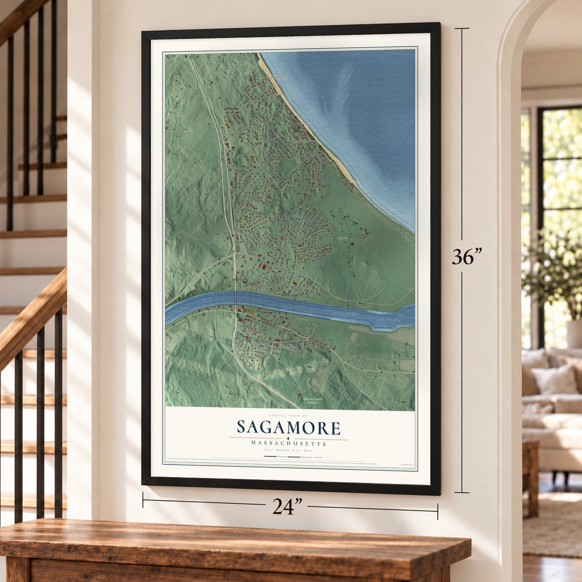 Sagamore, Massachusetts map, 24 x 36 inch print in a black frame by a staircase
