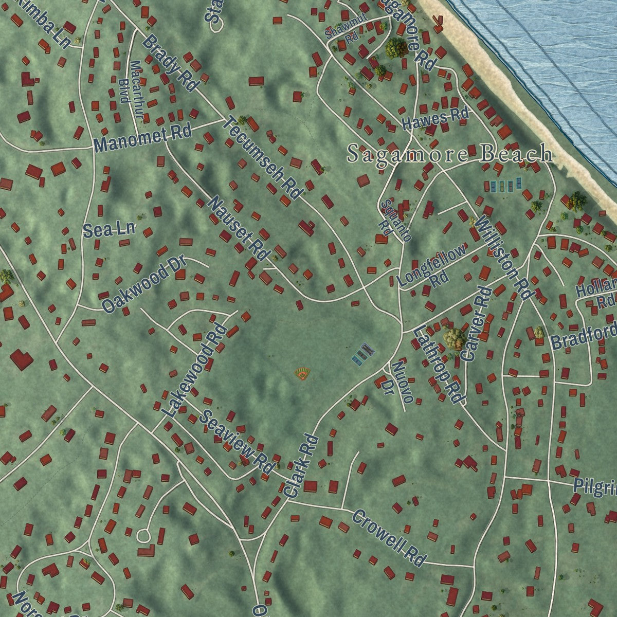 Close-up of the map of Sagamore, Massachusetts print showing street and building detail