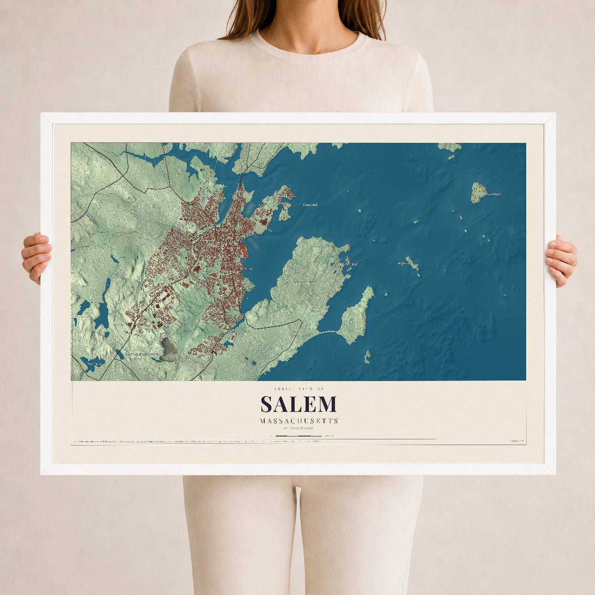 Salem, Massachusetts map print - 24 x 36 white Ayous wood frame