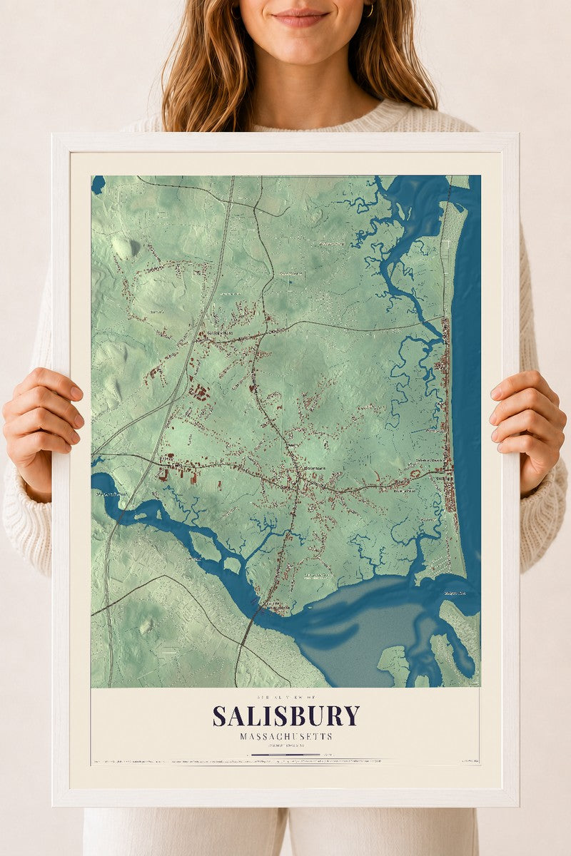 Salisbury, Massachusetts map print - 18 x 24 white Ayous wood frame