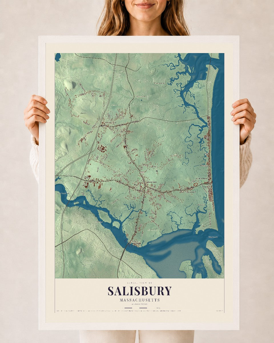 Salisbury, Massachusetts map print - 24 x 36 white Ayous wood frame
