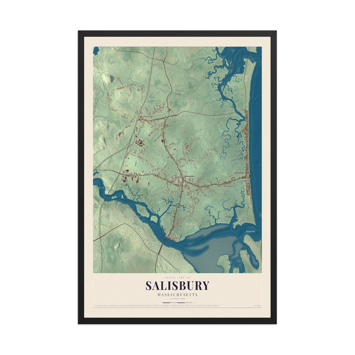 Map of Salisbury, Massachusetts, 12 x 18 inch print in a black wood frame