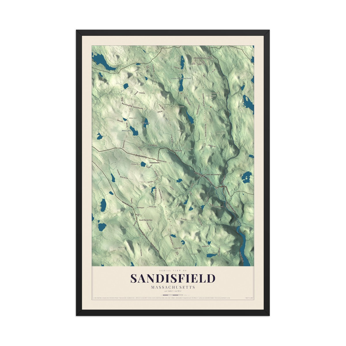 Map of Sandisfield, Massachusetts, 12 x 18 inch print in a black wood frame