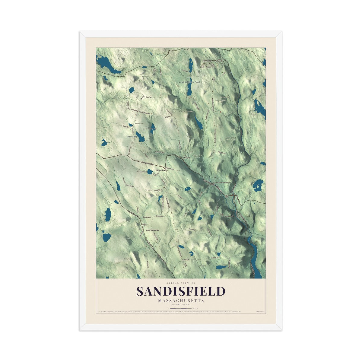 Map of Sandisfield, Massachusetts, 12 x 18 inch print in a white wood frame