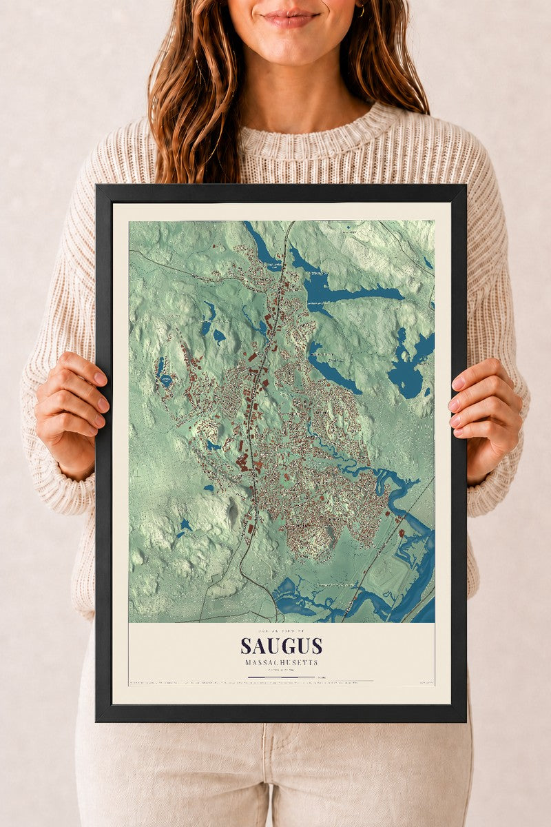 Saugus, Massachusetts map print - 12 x 18 black Ayous wood frame