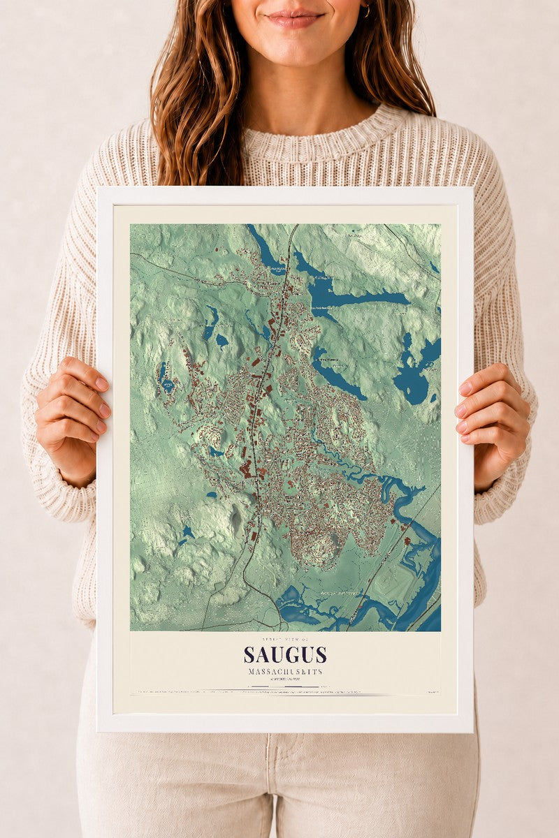 Saugus, Massachusetts map print - 12 x 18 white Ayous wood frame