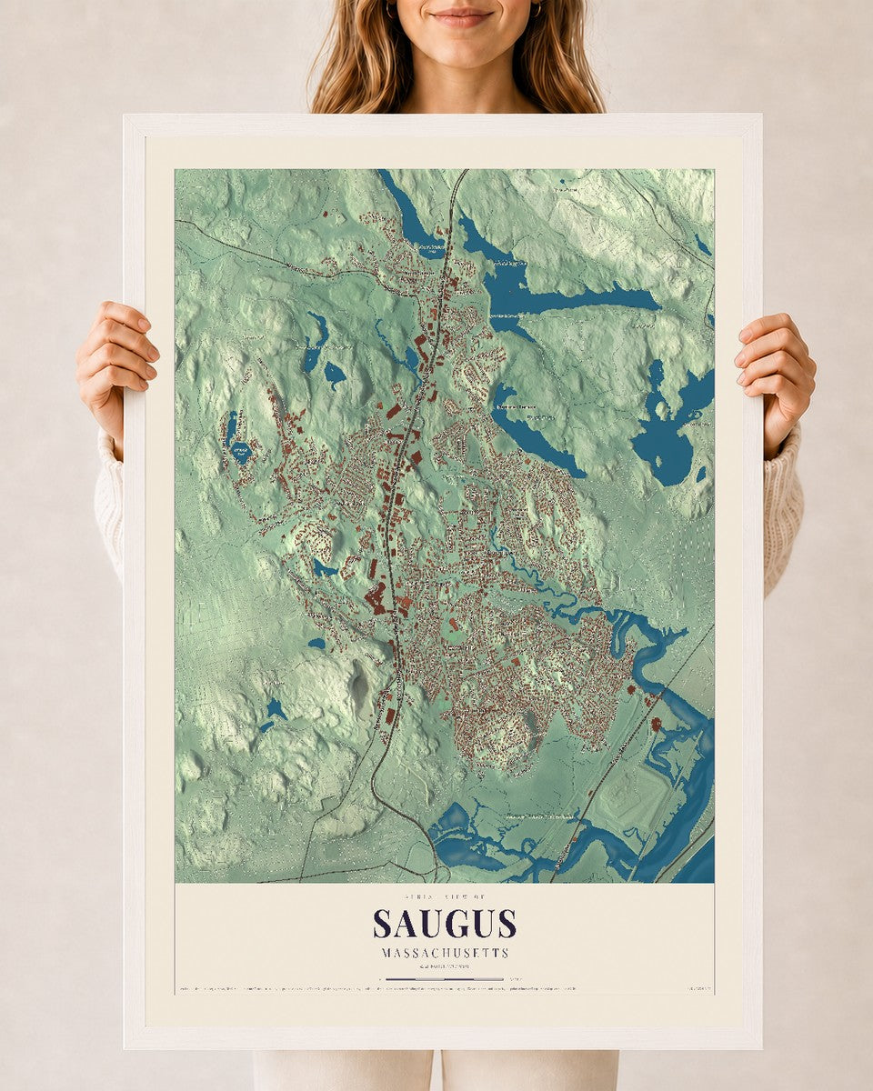 Saugus, Massachusetts map print - 24 x 36 white Ayous wood frame