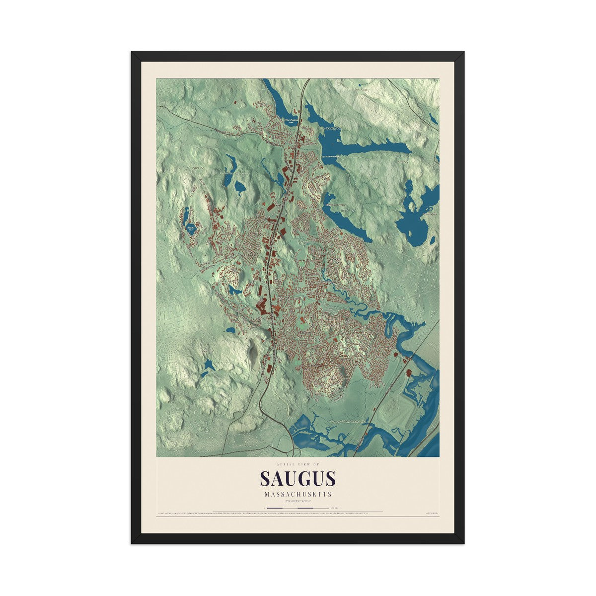 Map of Saugus, Massachusetts, 12 x 18 inch print in a black wood frame