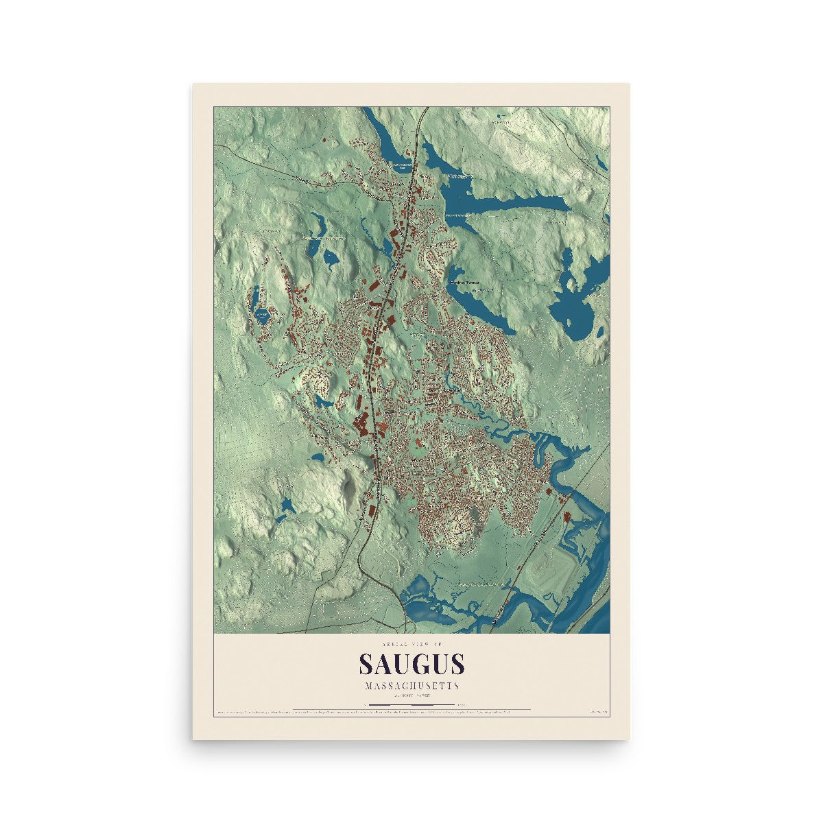 Map of Saugus, Massachusetts, 12 x 18 inch unframed archival matte print