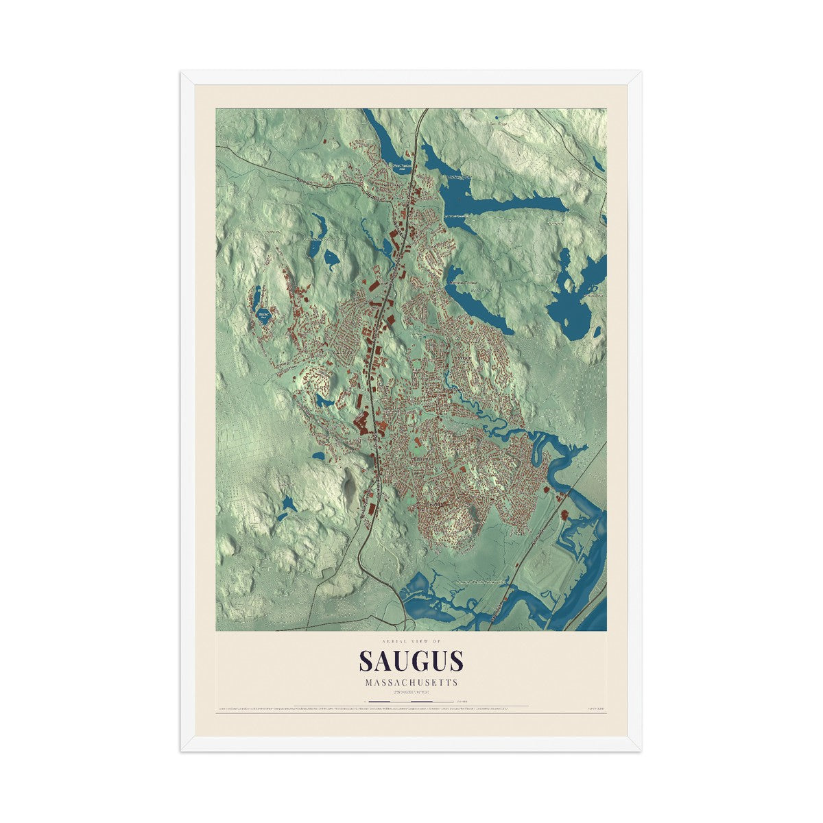 Map of Saugus, Massachusetts, 12 x 18 inch print in a white wood frame