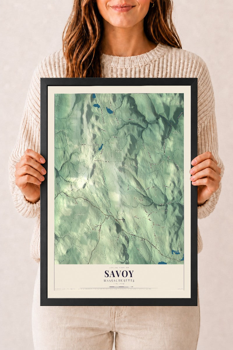 Savoy, Massachusetts map print - 12 x 18 black Ayous wood frame
