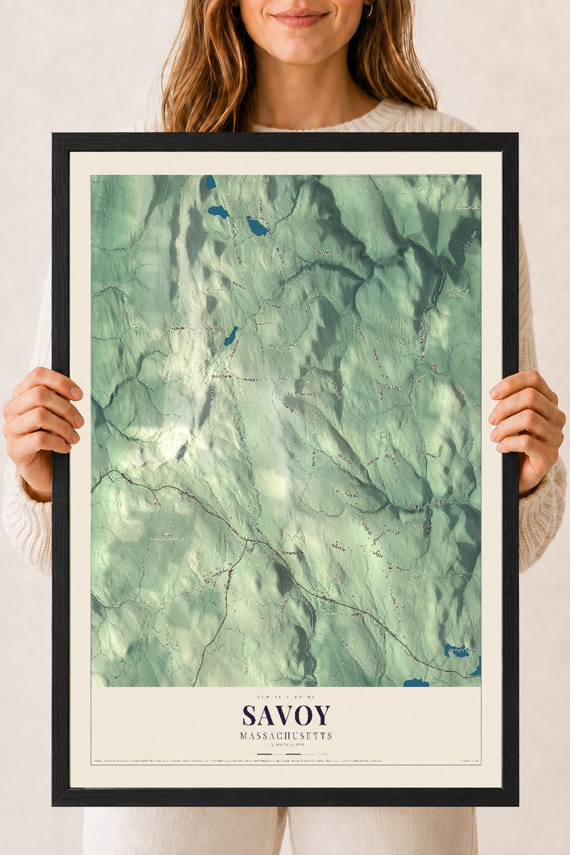 Savoy, Massachusetts map print - 18 x 24 black Ayous wood frame