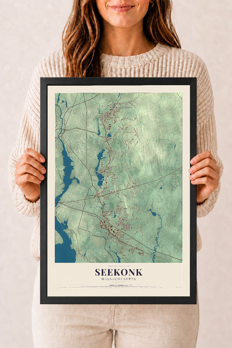 Seekonk, Massachusetts map print - 12 x 18 black Ayous wood frame
